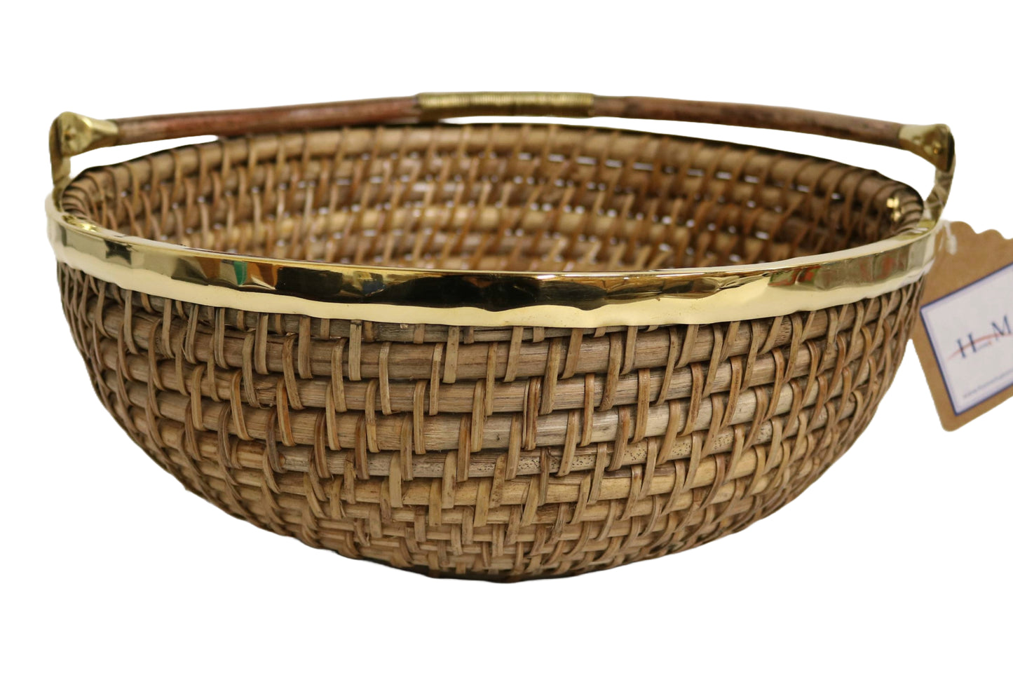 Home&Manor 12" Round Deep Wicker Basket with Handle and Shiny Brass Rim