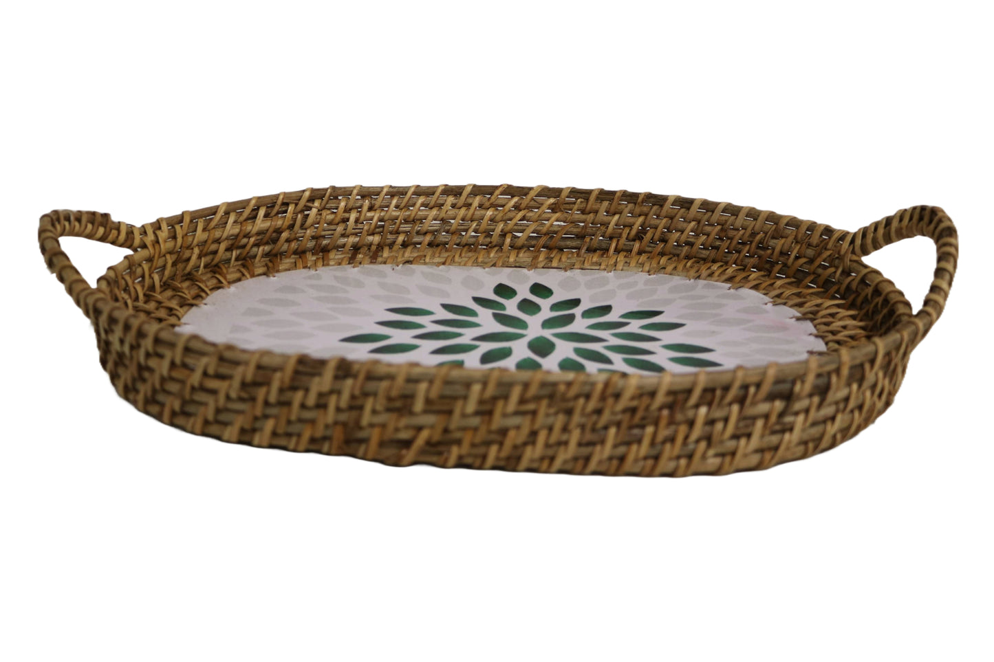 Home&Manor 14" Rattan Oval Tray with Mosaic Wooden Base and Handles