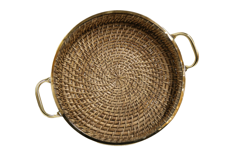 Home&Manor 12" Round Wicker Basket with Shiny Brass Rim and Handles