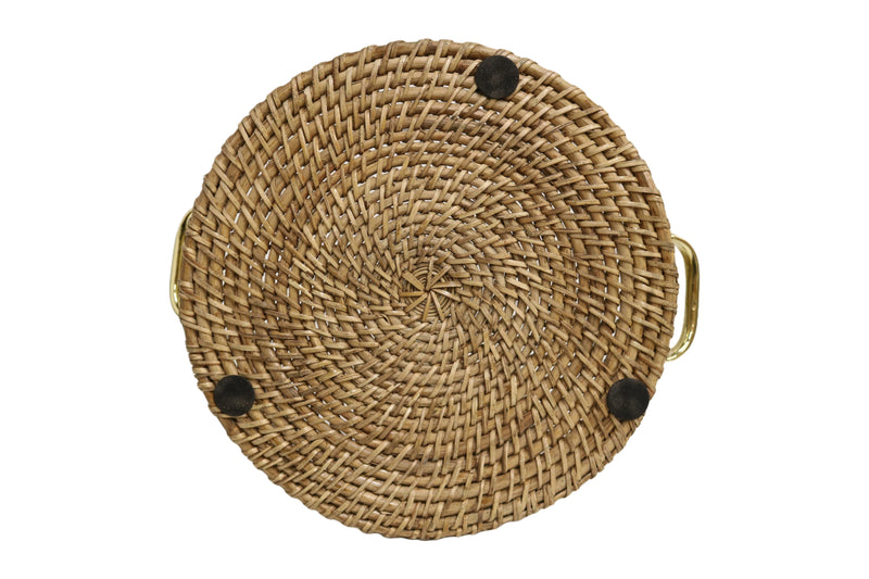 Home&Manor 12" Round Wicker Basket with Shiny Brass Rim and Handles