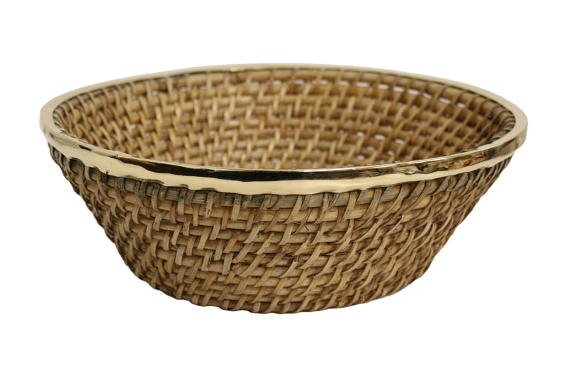 Home&Manor 12" Hacter Round Fruit Wicker Basket with Shiny Brass Rim
