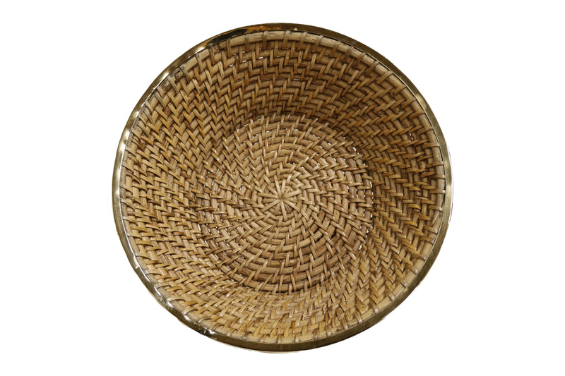 Home&Manor 12" Hacter Round Fruit Wicker Basket with Shiny Brass Rim