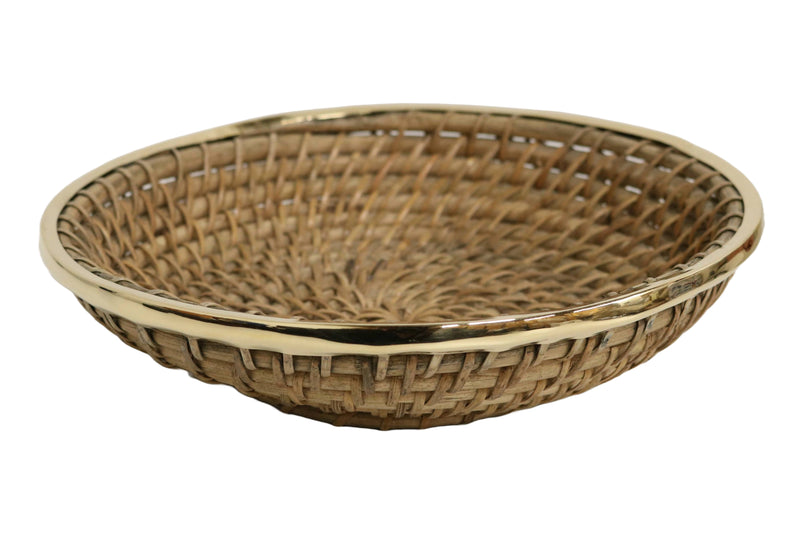 Home&Manor 10" Large Wicker Round Fruit Basket with Shiny Brass Rim