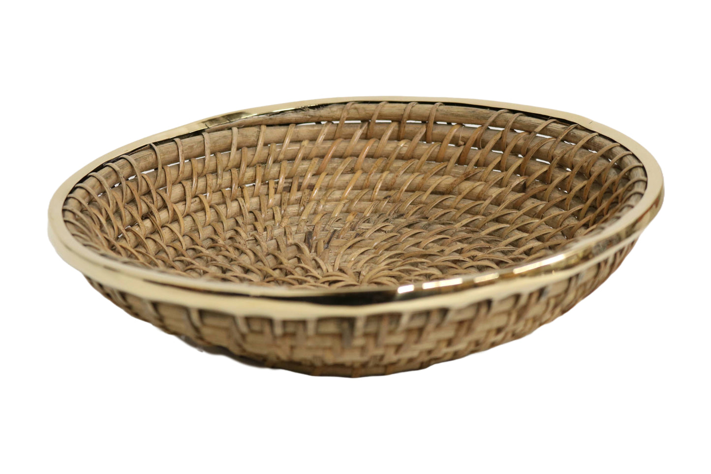 Home&Manor 10" Large Wicker Round Fruit Basket with Shiny Brass Rim