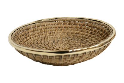 Home&Manor 10" Large Wicker Round Fruit Basket with Shiny Brass Rim