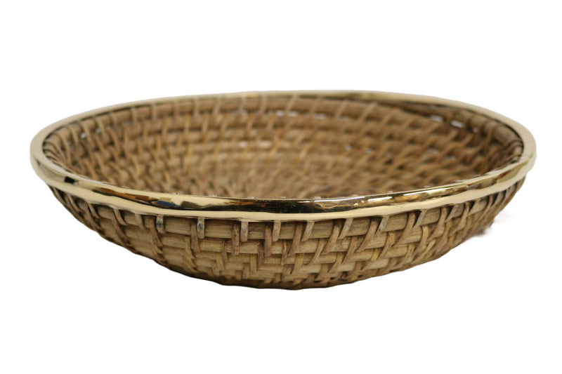 Home&Manor 10" Large Wicker Round Fruit Basket with Shiny Brass Rim