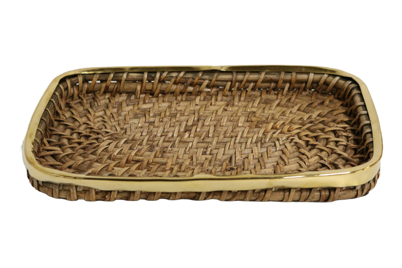 Home&Manor 10" Rectangular Wicker Fruit Basket with Shiny Brass Rim