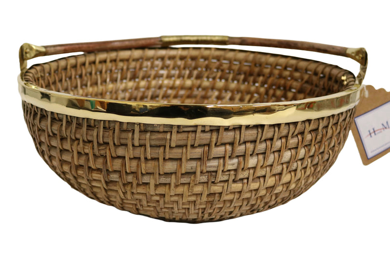 Home&Manor 12" Round Deep Wicker Basket with Handle and Shiny Brass Rim