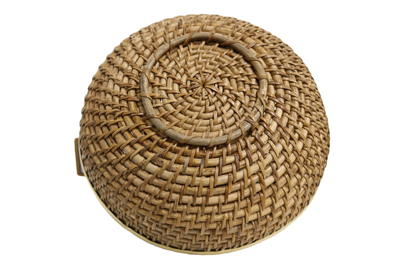 Home&Manor 12" Round Deep Wicker Basket with Handle and Shiny Brass Rim