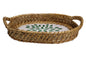 Home&Manor 11" Rattan Oval Tray with Mosaic Wooden Base and Handles