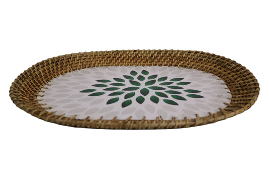 Home&Manor 16" Rattan Oval Tray with Mosaic Wooden Base