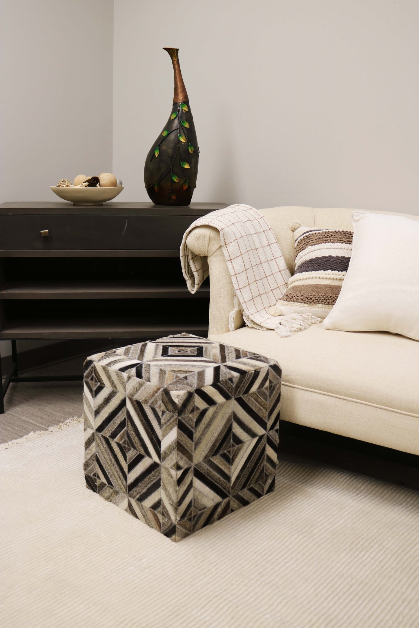 Almeria 100% Cowhide Leather Cube Pouf