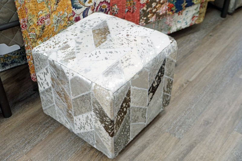 Leather Silver Square Cube Ottoman