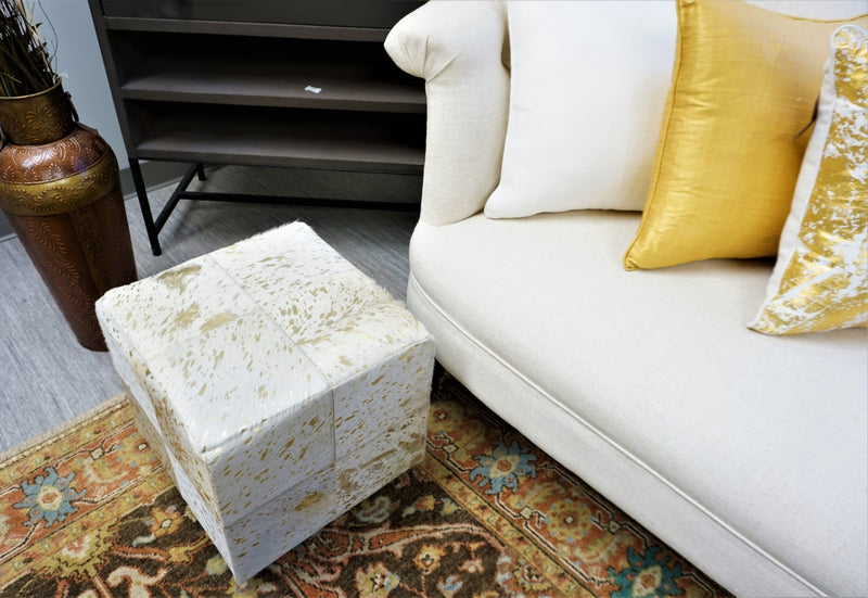 Leather Gold Square Cube Ottoman